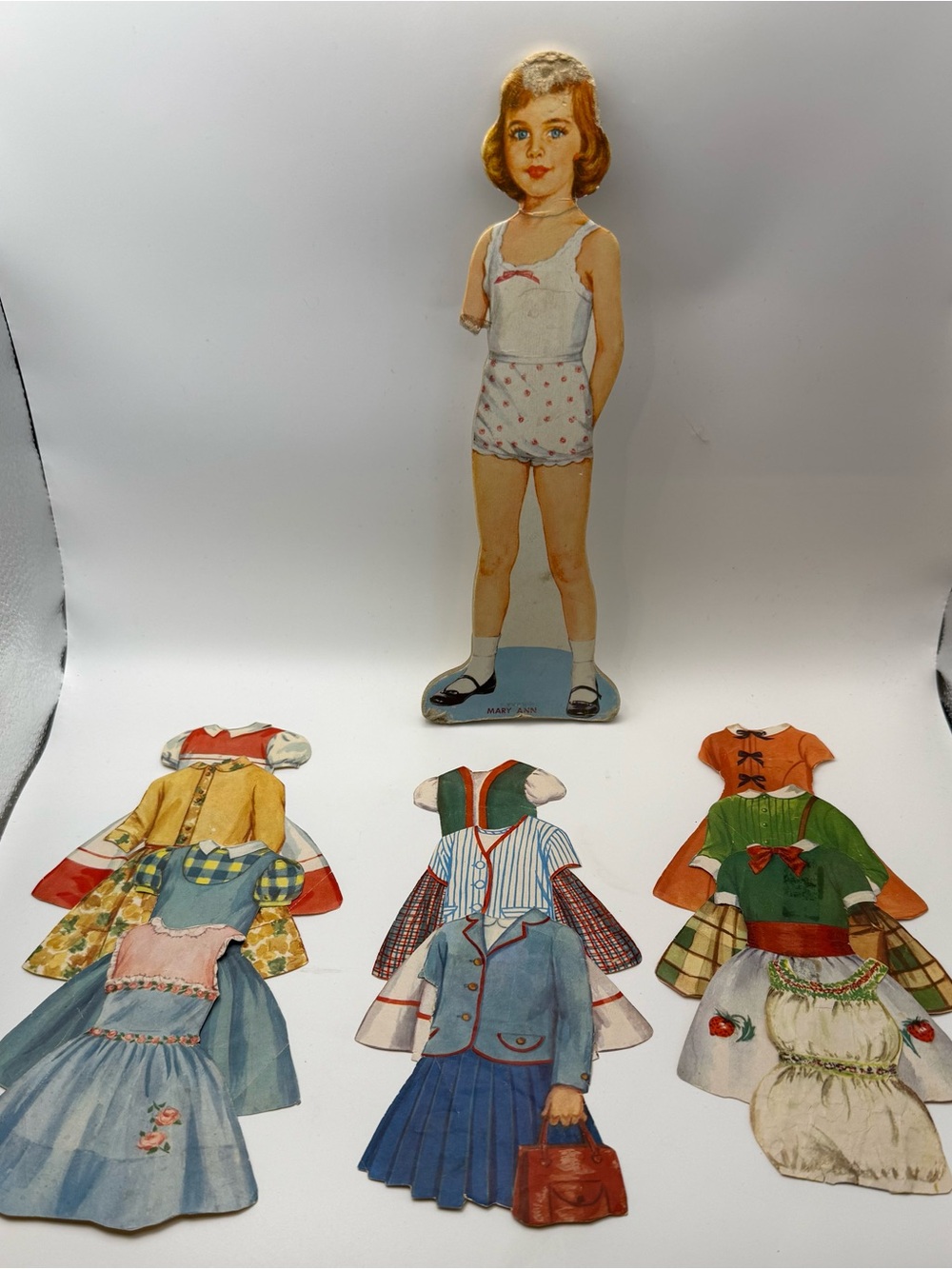 Vtg 1950s Mary Ann
Cardboard Paper Doll Set 11
Pieces Hand Cut Outfits
Fashions